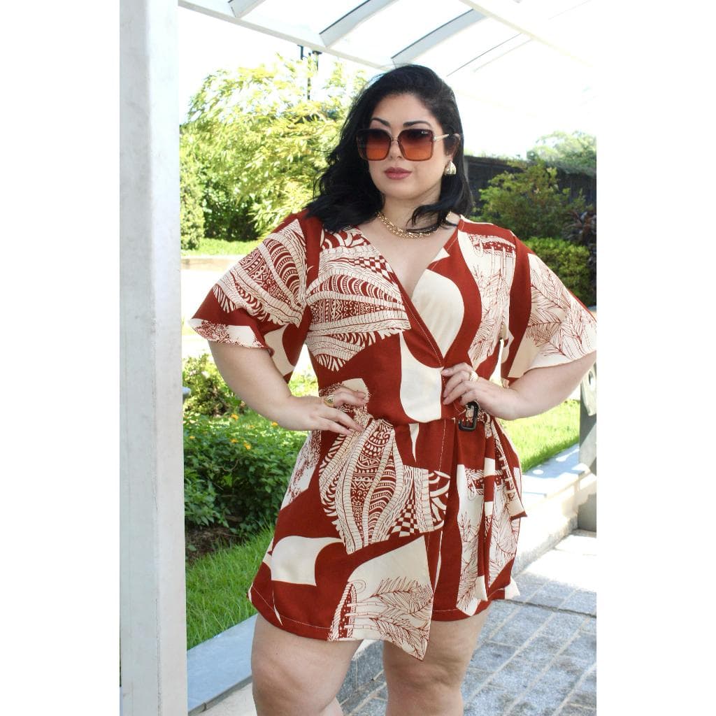 Macaquinho Plus Size Feminino Curto Short Saia Estampado GG G1 G2 G3 - Estilo Morcego