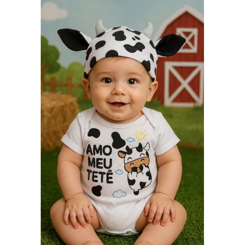 BODY bebê Amo Meu Tetê + touca mesversário temático