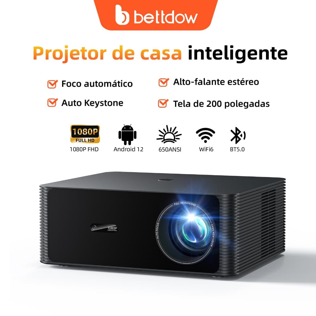 Projetor BETTDOW Full HD 1080P, 4K, 30000 lúmens, Android 12, Correção automática, Espelhamento de tela sem fio