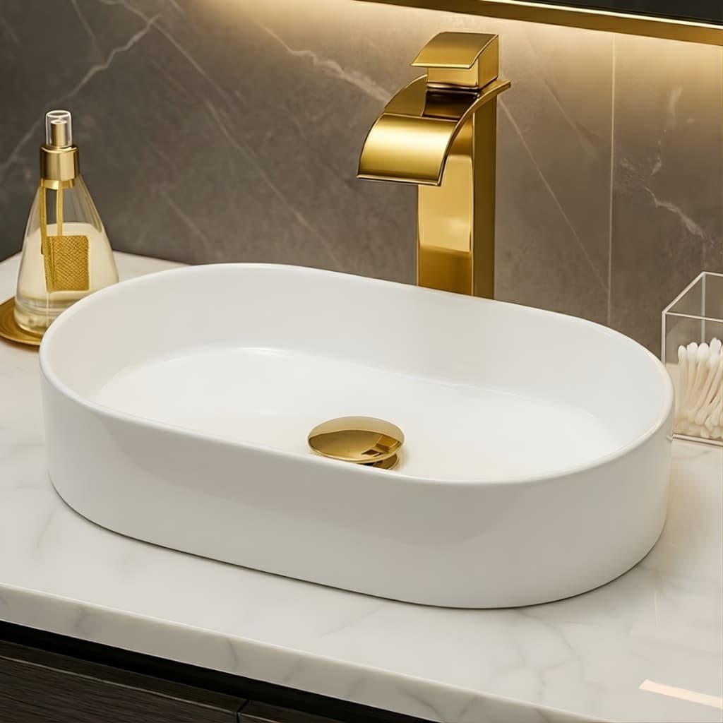 *PROMOÇÃO* Pia Para Banheiro Cuba de Apoio 42cm Lavabo Retangular Mármore Sintético Branca Sobrepor