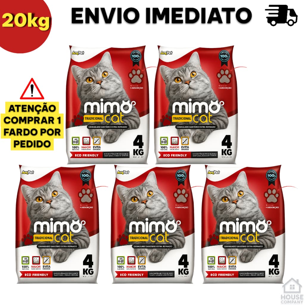Kit 5 Areia Sanitária Higiênica Argila Natural para Gatos Grãos Médios Tradicional 20 kg Mimo Cat