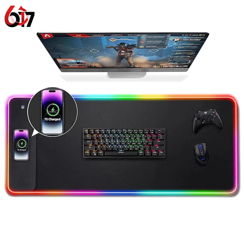 Mouse Pad Gamer Grande Led Rgb 80*30 cm com Carregador sem fio para celular 15W Impermeável K3