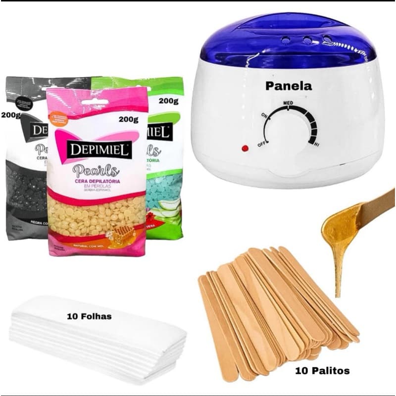 Kit Panela Elétrica Cera Quente Depilaçao Aquecedor + 200g Cera Perolada + Palito