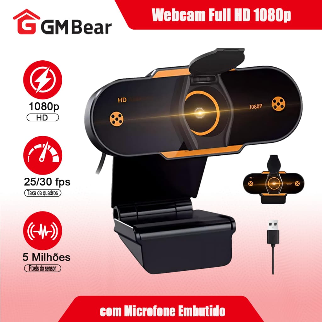 GM Bear Webcam Câmera Full Hd 1080p 360 Graus Videoconferência Streamcam Web Cam Entrada Usb Com Microfone