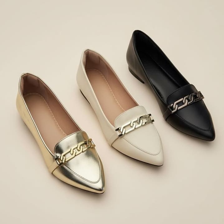 Sapatilha Feminina Confortável Luxo Elegante Sapato Feminino Mocassim Bico Fino Corrente