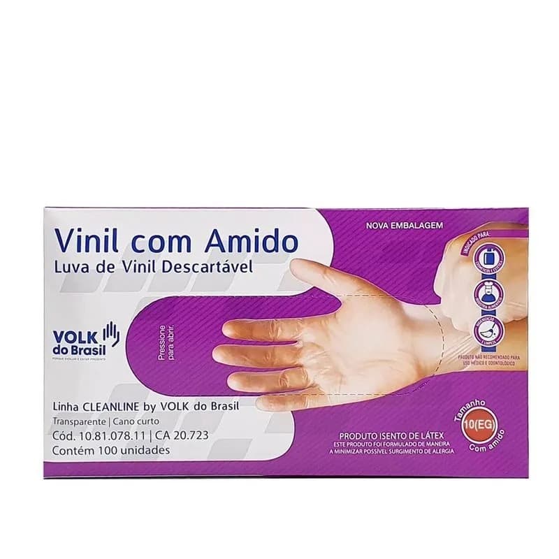 Luva de Vinil com Amido Descartável Transparente com 100 Unidades - VOLK