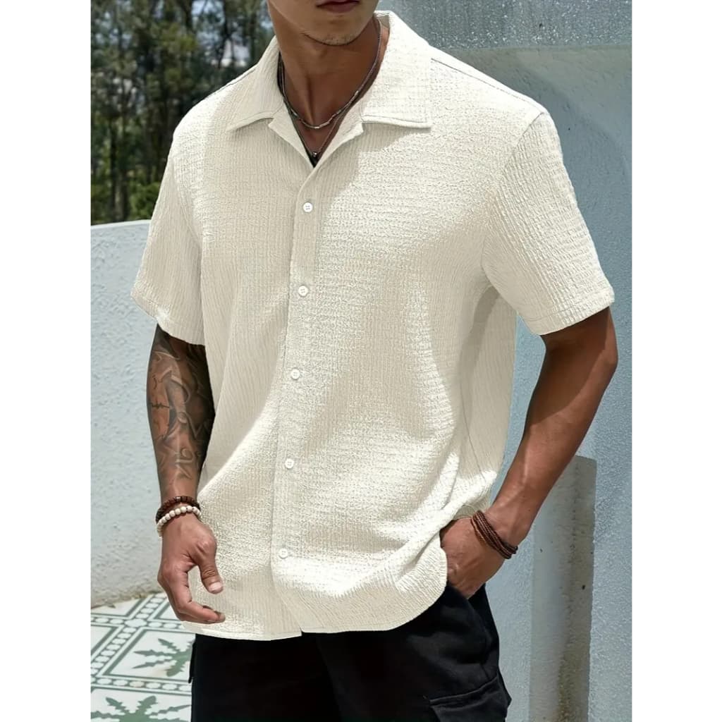 Camisa Masculina Texturizada Com Botões Old Money Estilosa Praia Verão Preto & Off White