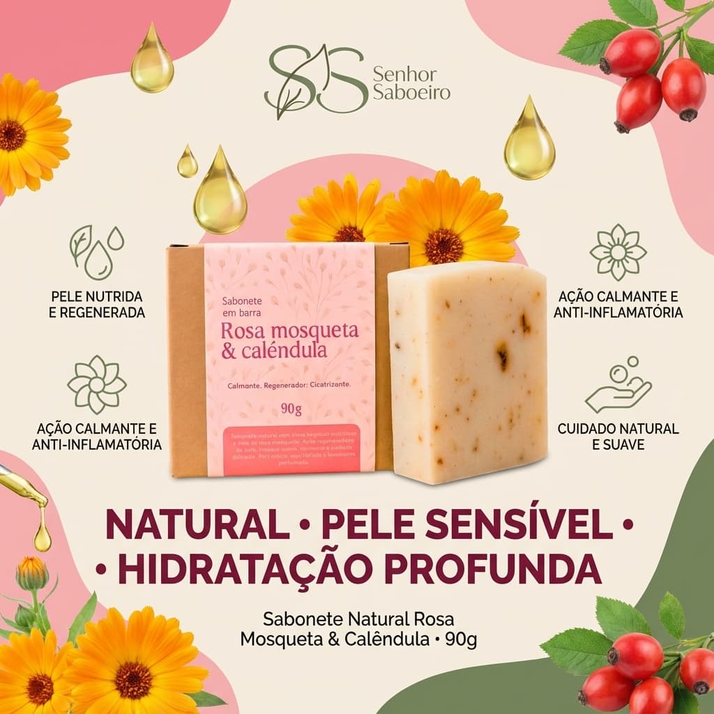 Sabonete Estimulador Colageno Regenerador Rosa Mosqueta e Calêndula 90g