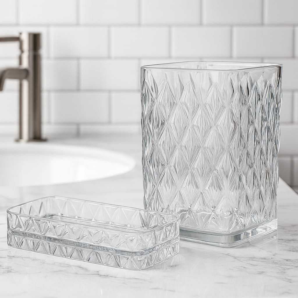 Kit Banheiro Lavado 2 Pecas Com Saboneteira E Porta Escova De Dente E Pasta De Acrilico Transparente Linha Glamour