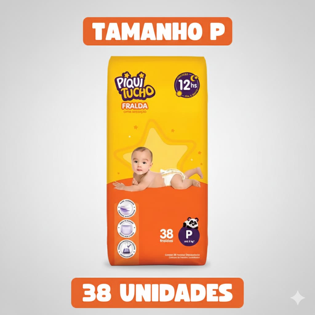 Fralda Piquitucho P 38 Unidades – Ultra Absorção 12h, Hipoalergênica e Confortável