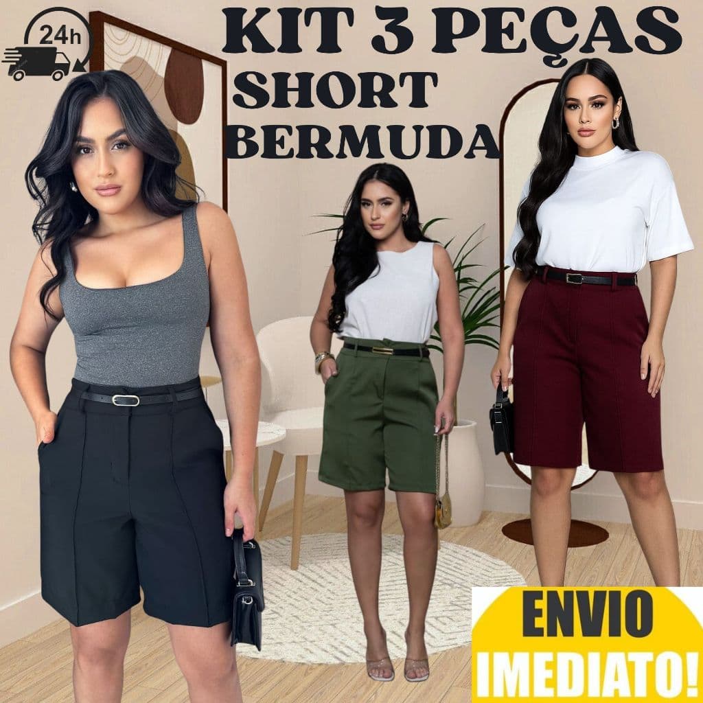 Kit 3 Short Bermuda Alfaiataria Feminino ENVIO IMEDIATO
