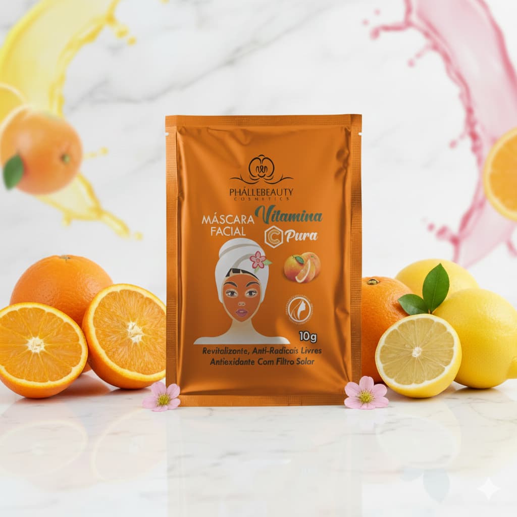 KIT 12 Máscaras Facial Vitamina C Pura Phallebeauty Antioxidante Pele Hidratada Proteção Solar