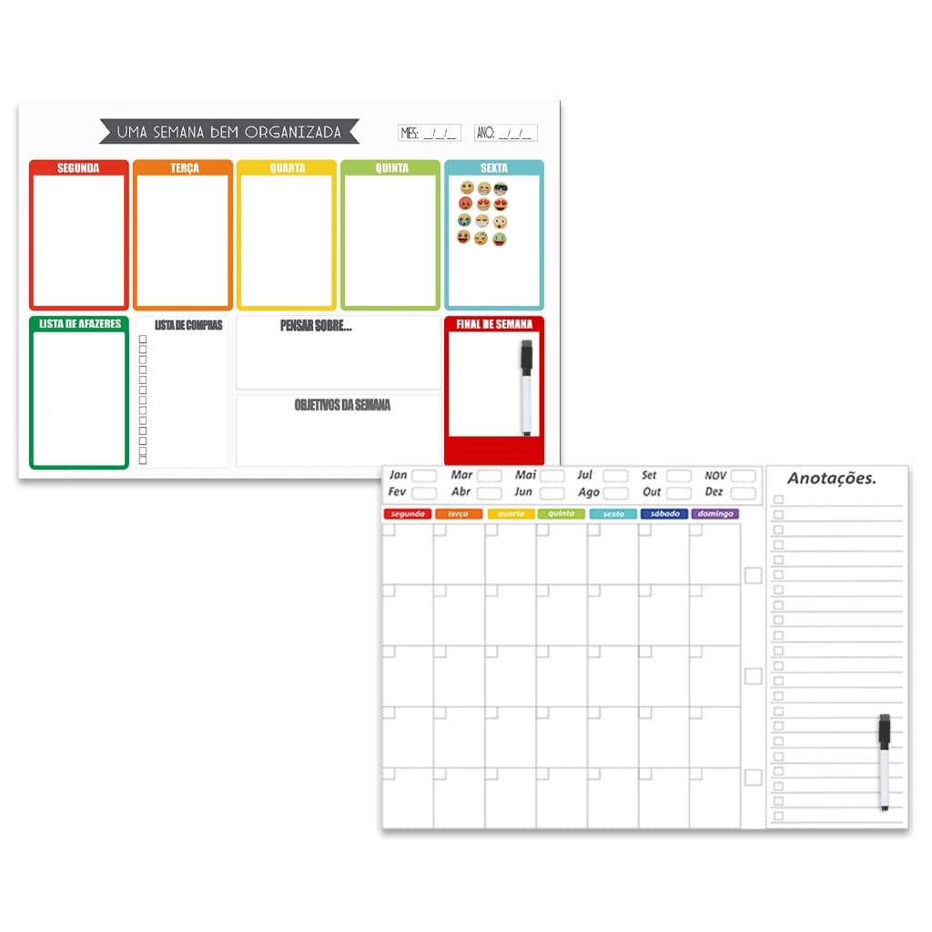 Quadro Lousa Planejador Mensal e Semanal Metal +12 Imãs e 2 canetas
