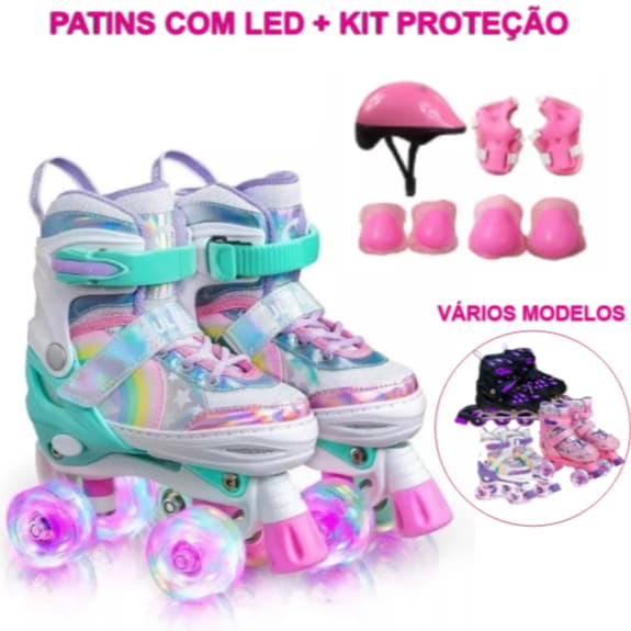 Patins Infantil Menina Menino Azul Rosa Lilás 4 Rodas Arco Iris Led Colorido Freio Tamanho Ajustável