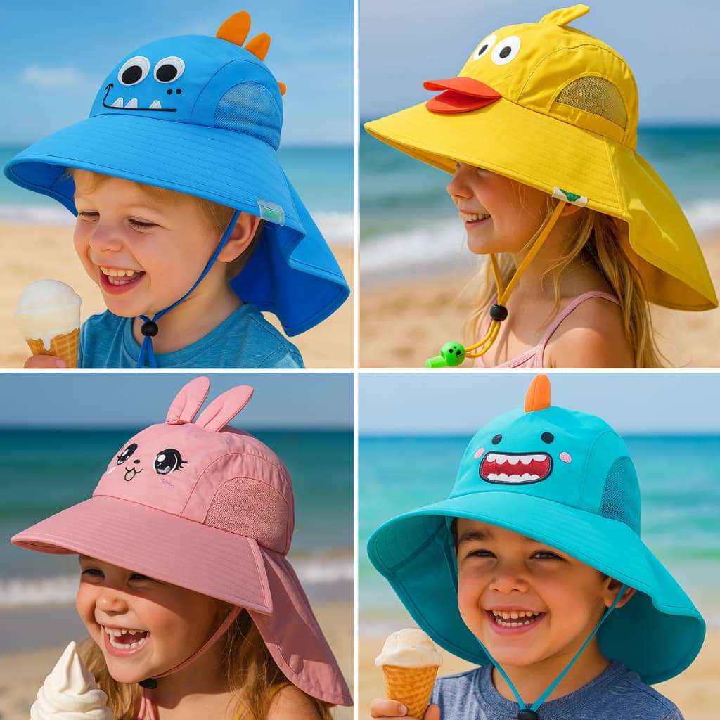 Chapéu Infantil Protetor Sol Para Bebê Criança Com Aba Grande Para Proteção Raio UV Verão Com Apito Desenho Fofos