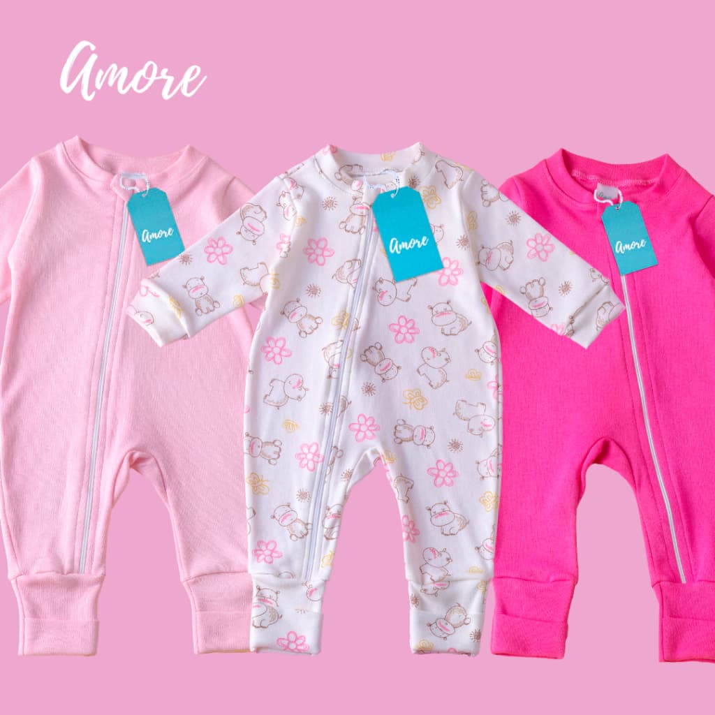 3 Macacão para Bebê Amore Vira Pé com Zíper Menina Liso e Estampado 100% Algodão