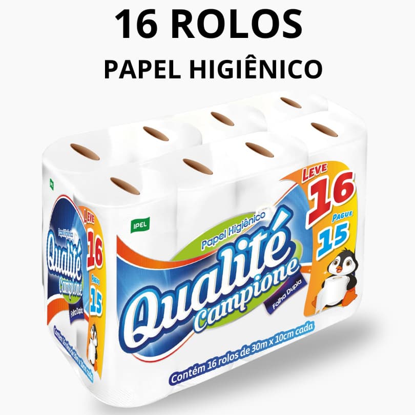 Kit 16 Rolos Com 30m Cada do Papel Higiênico Folha Dupla Qualité Campione