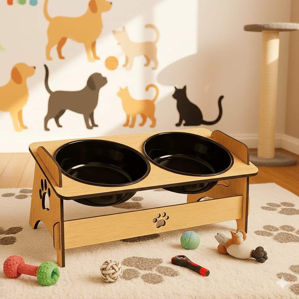 Comedouro Duplo 400ml Premium em MDF – Ideal p/ Cães e Gatos