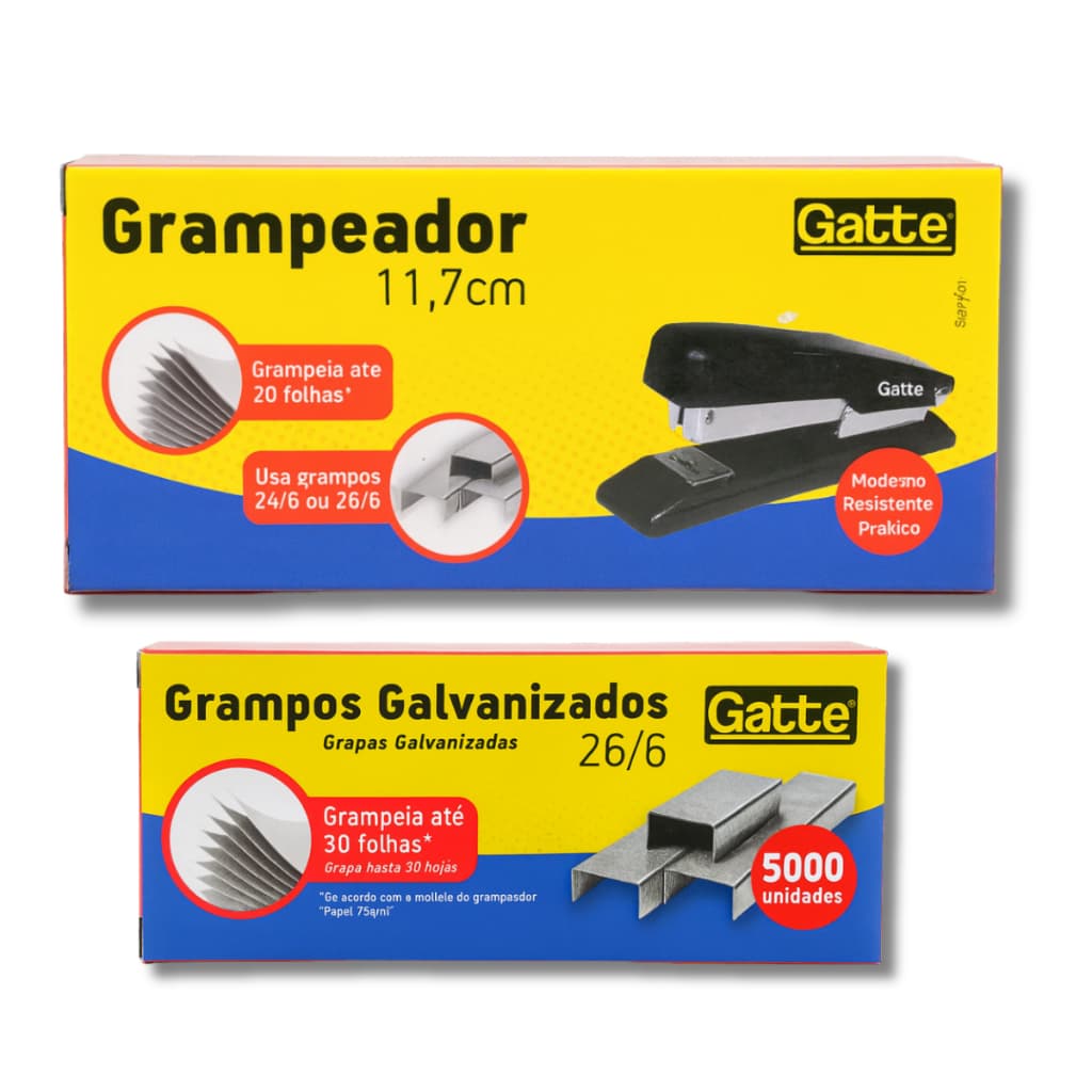 Grampeador Papel Em Metal 11,7cm P/20 Folhas + 5000 Unidades Grampos Galvanizados 26/6mm