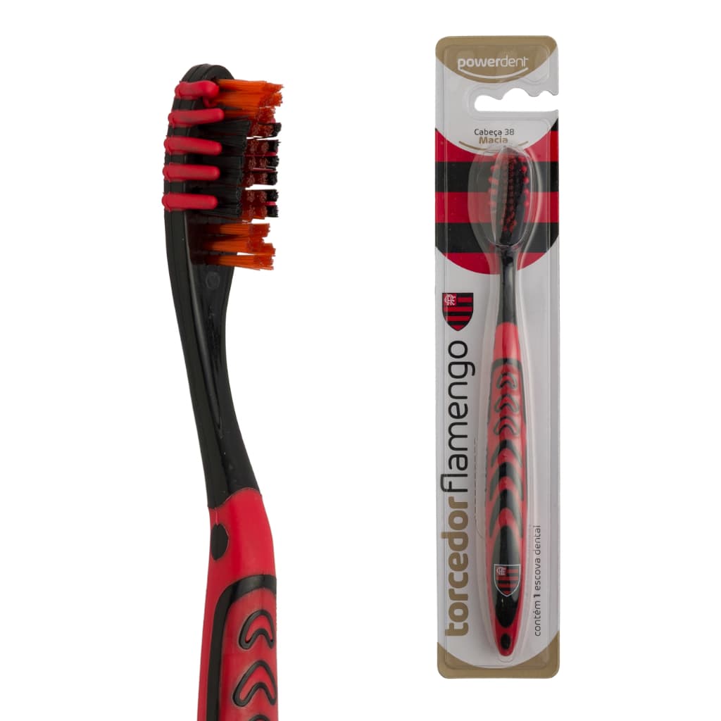 Escova de Dentes Torcedor RubroNegra Flamengo Powerdent Cerdas Macias, Limpeza Eficiente e Design Esportivo