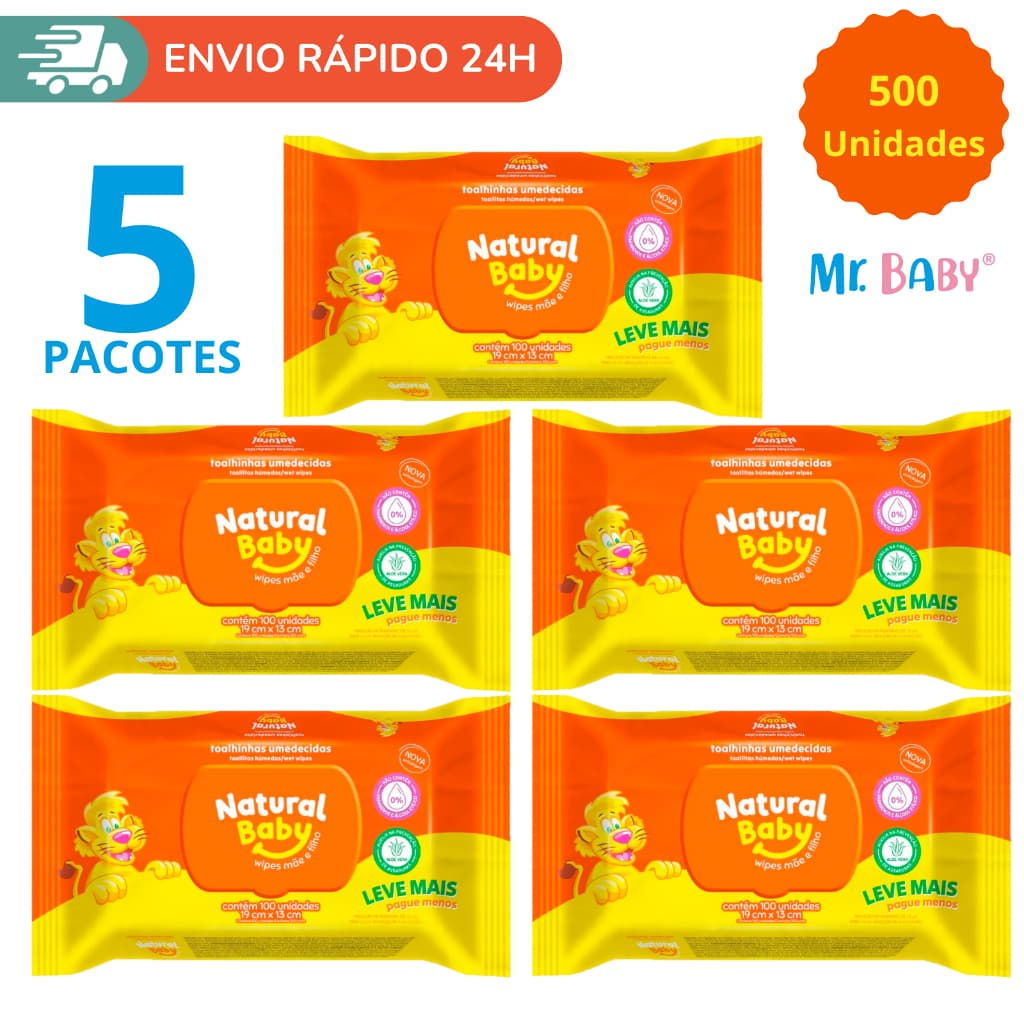 Kit com 5 Pacotes de Lenços Umedecidos Natural Baby