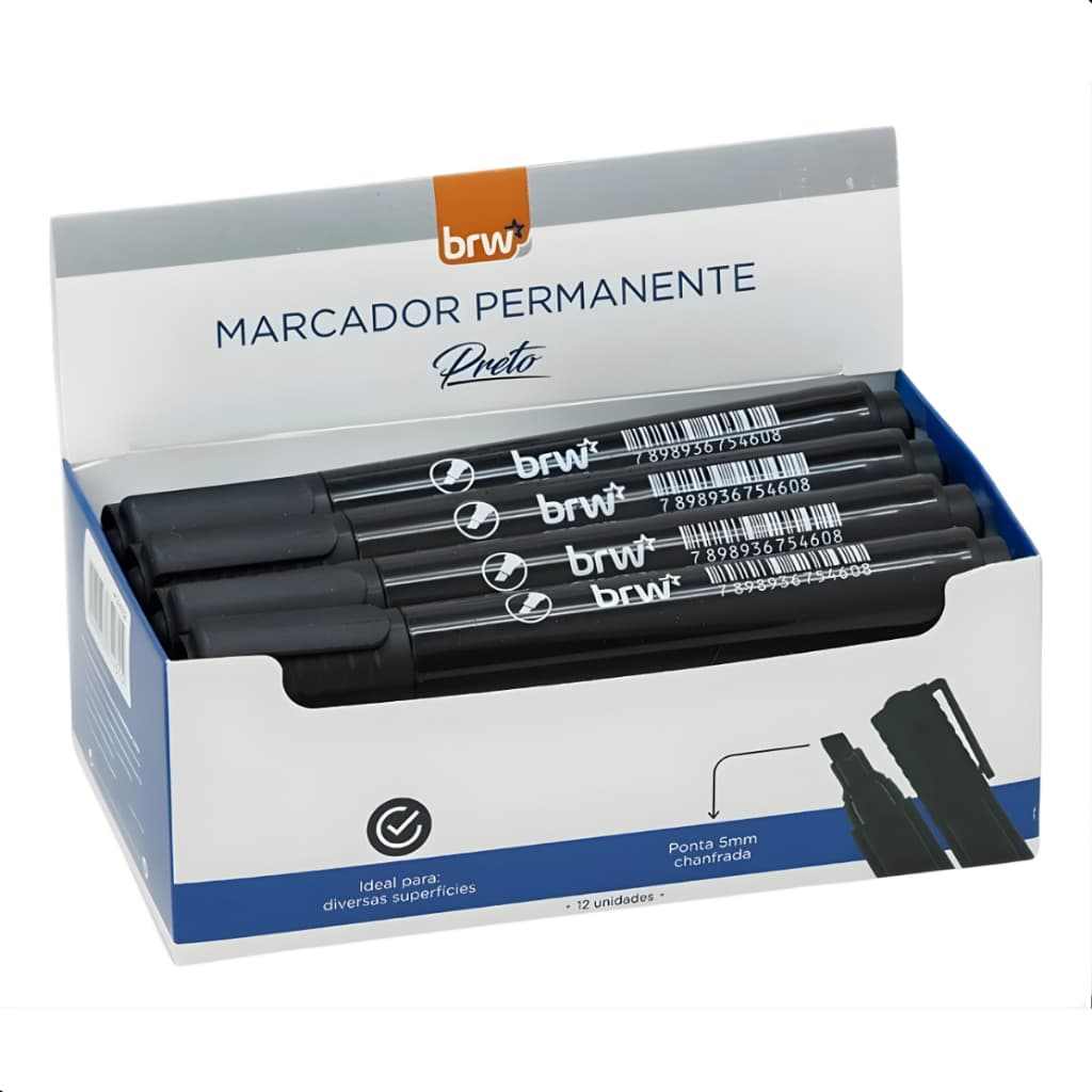 Pincel Atômico Permanente Preto Ponta Chanfrada Brw Caixa C/ 12 Unidades  Marcador Preto Marcação