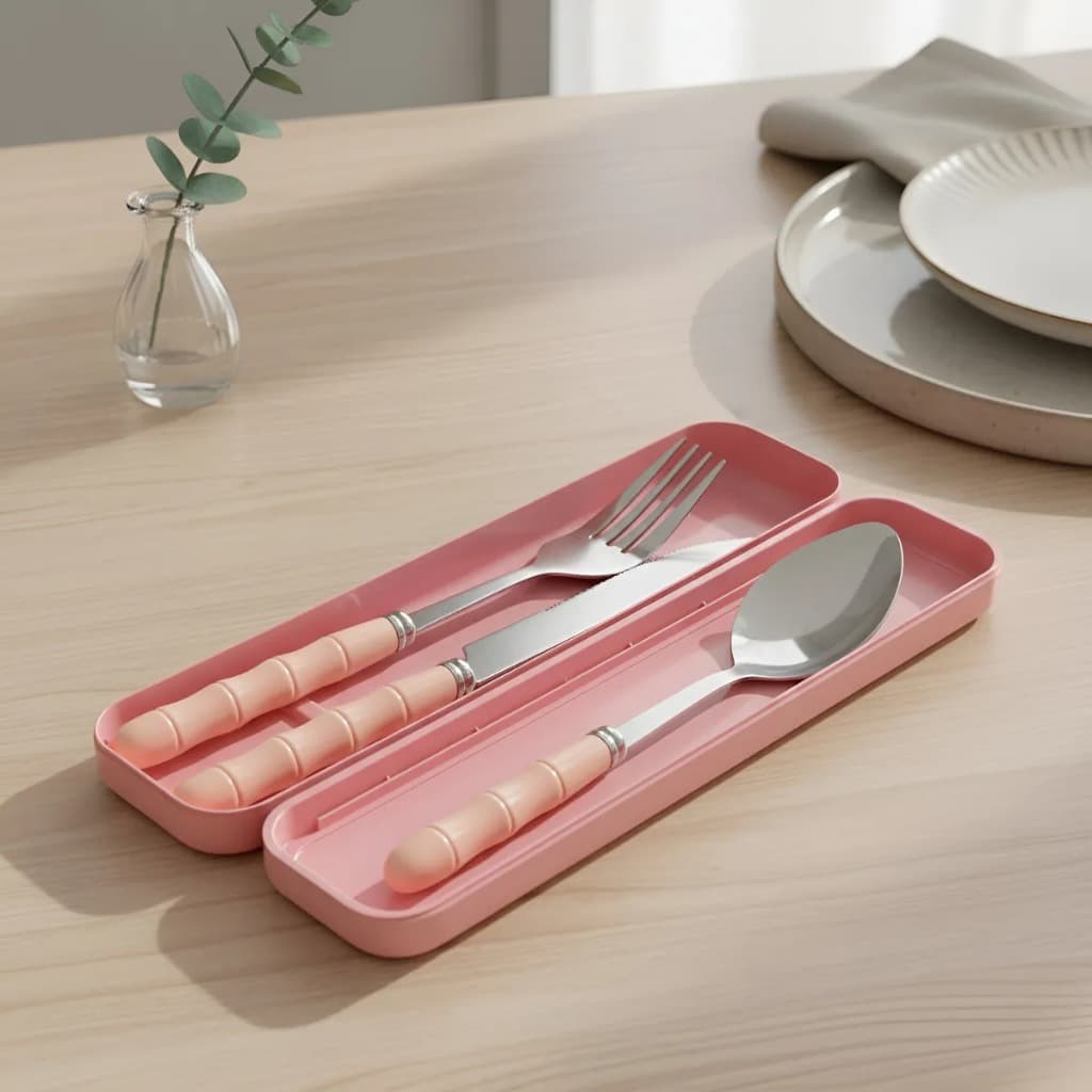 Jogo de Talher Com 3 Peças Em Inox E Cabo de Plástico Estojo Garfo, Faca, Colher