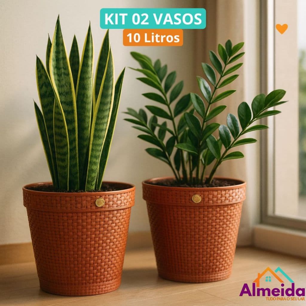 Kit 2 Vasos Para Plantas Flores Hortaliças 10 Litros Estilo Rattan Com Prato