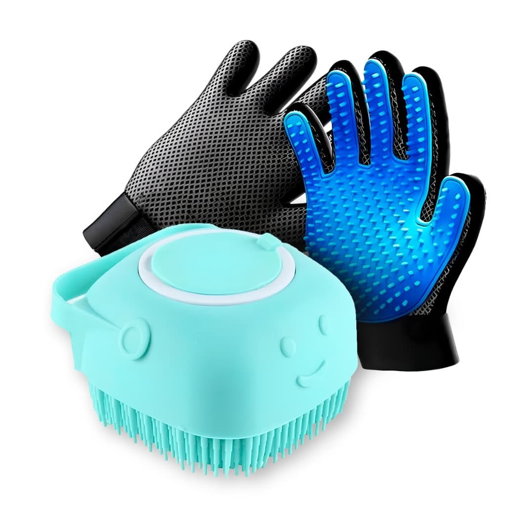 Kit Cuidados Pet: Luva Tira Pelos Nano + Escova Lava Pet com Dispenser
