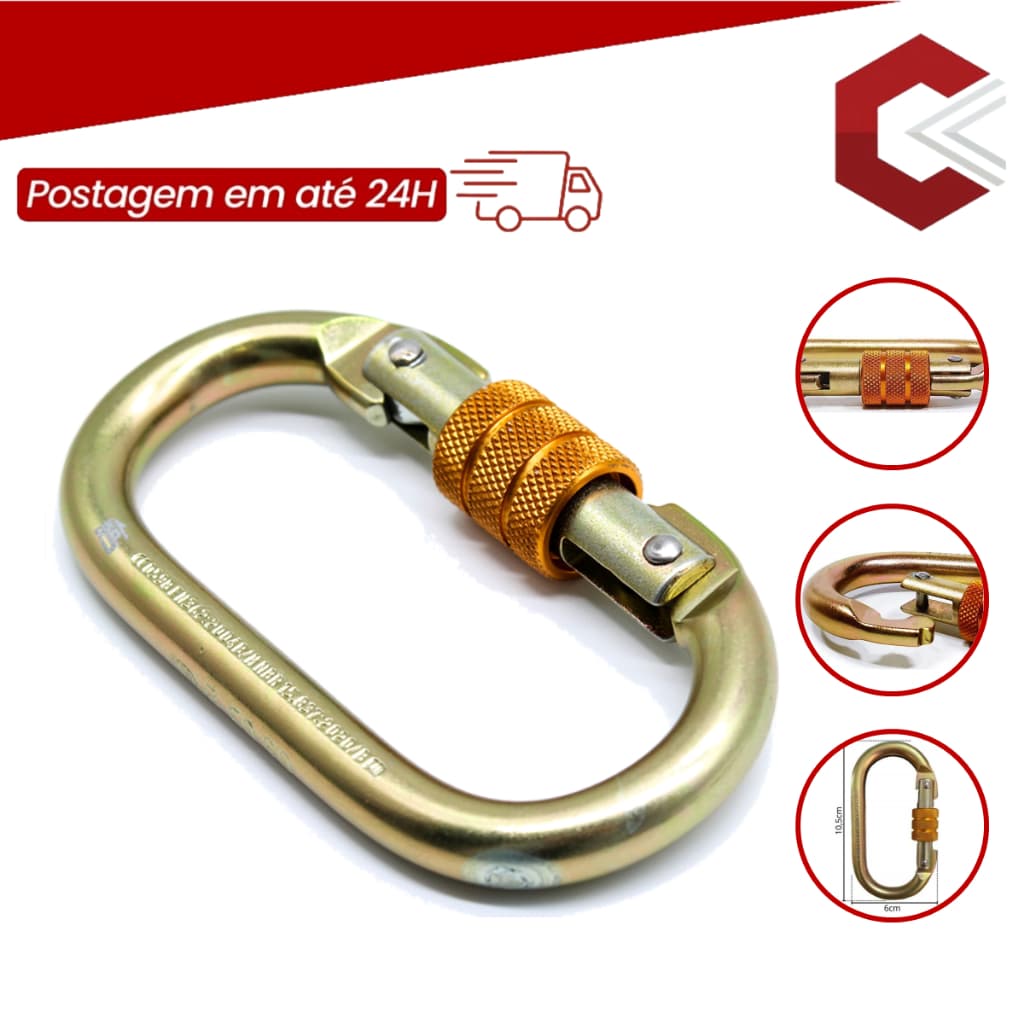 Mosquetão Oval Roscado 25KN Steelflex Ideal P/ Trabalho Em Altura, Rapel e Alpinismo