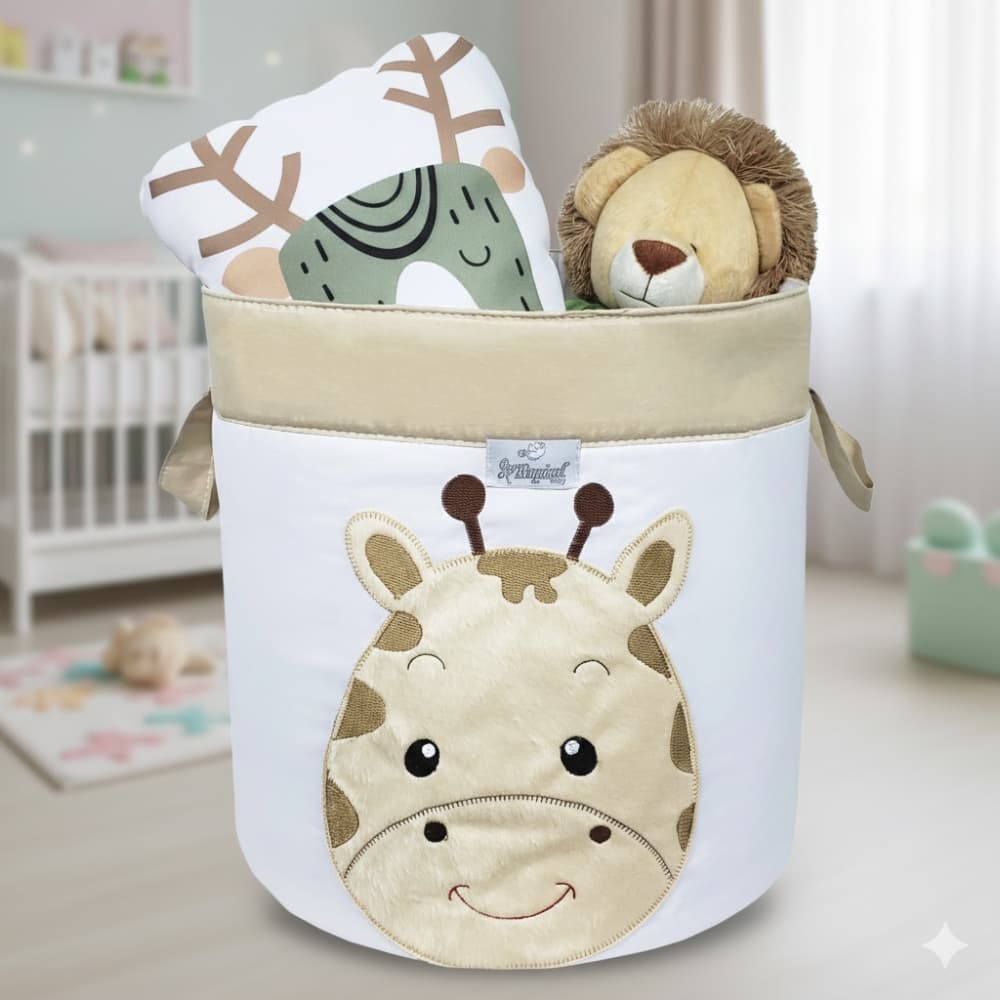 Cesto Organizador de Brinquedos e Roupas Redondo Tecido Microfibra Bordado Girafa Selva Safari
