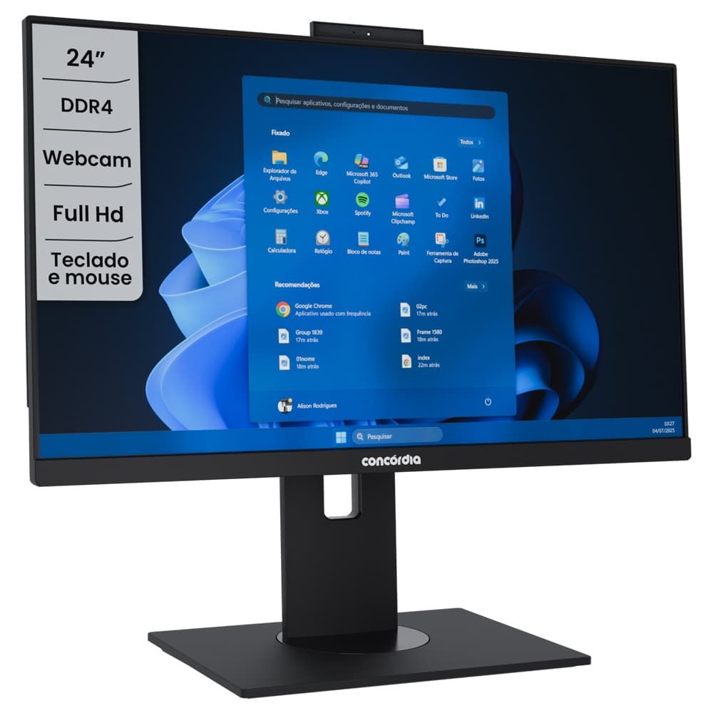 Computador All In One Concórdia Core i3 12100 8GB DDR5  SSD 256GB 23.8'' Full Hd  Webcam WIFI FreeDos Preto