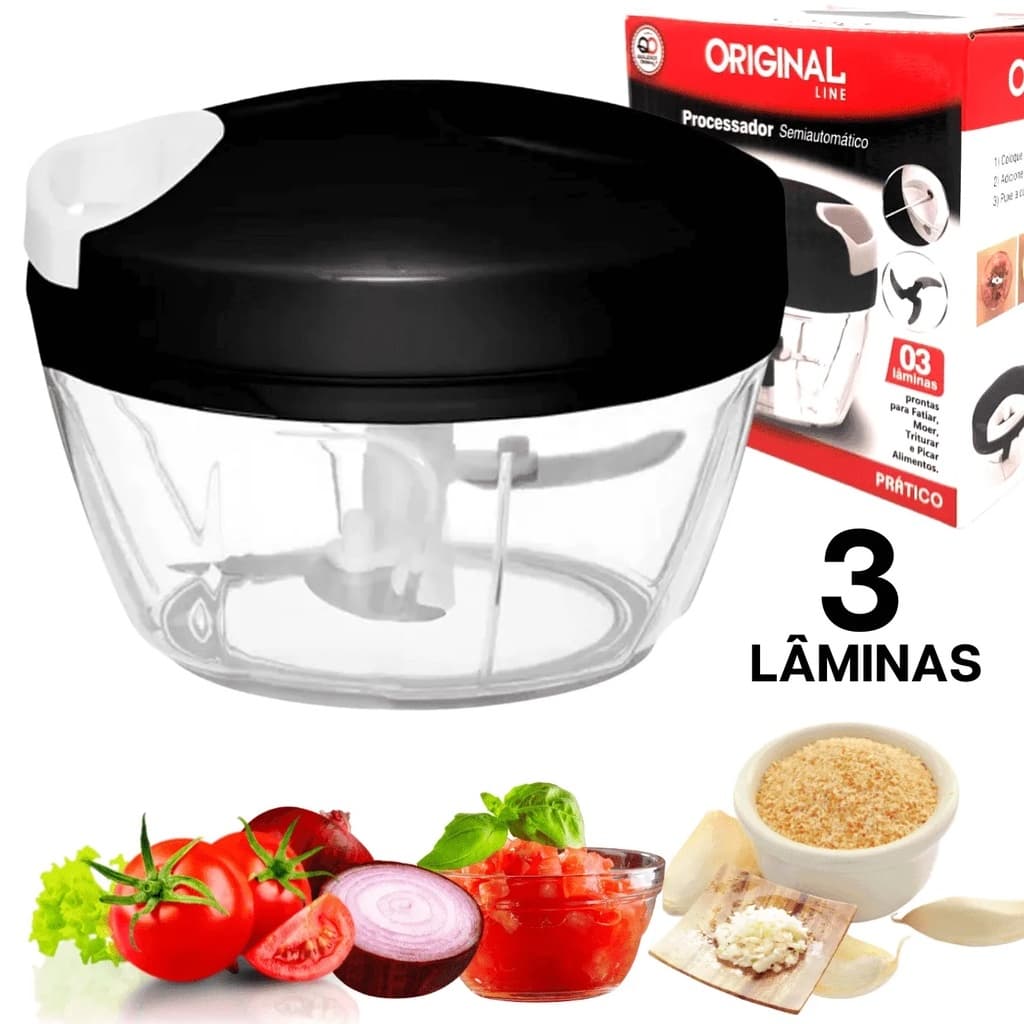 Processador de alimentos manual 500ml com 3 lâminas em aço inox para triturar legumes e verduras