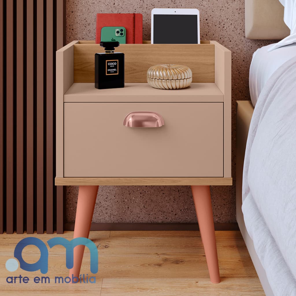 Mesa de Cabeceira auxiliar com 1 Gaveta e Prateleira Nicho com Puxador Boss