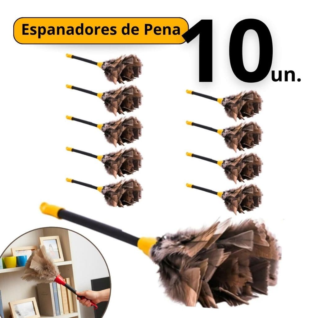 Kit 10 Espanador De Pó Pena Limpa Poeira Longo Casa Limpeza