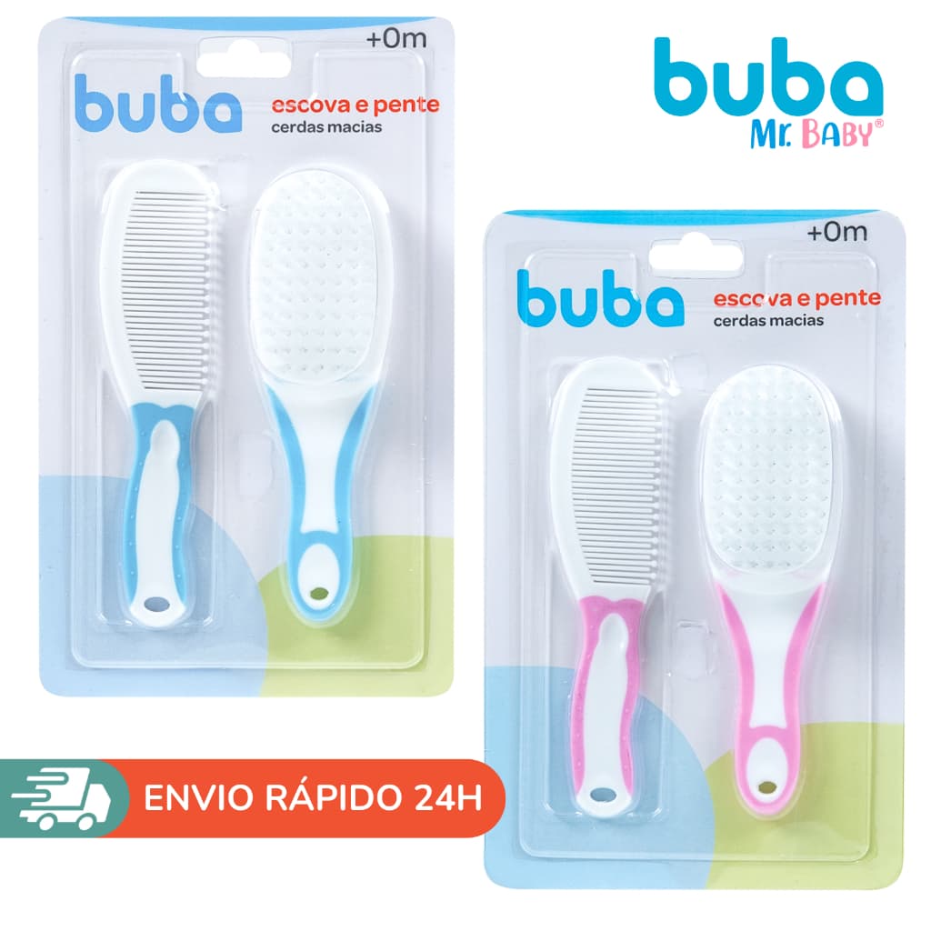 Kit Escova e Pente Bebê Infantil Cerdas Macias Buba