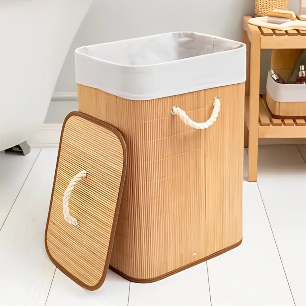 Cesto Roupa Bambu Retangular Redondo Com Tampa Cesto Oraganizador Roupa Suja Alças Banheiro Bege 72 LITROS