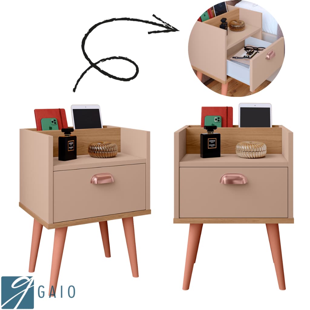 Conjunto 2 Mesas De Cabeceira Pés Retrô 1 Gaveta Porta Celular Milena