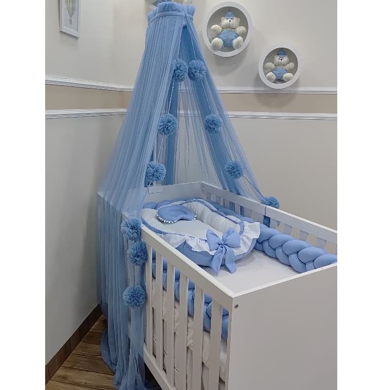Mosquiteiro para Berço Com Suporte Portátil Adaptável Com Pompom Dossel Microtule