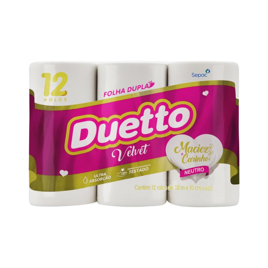 Papel Higiênico Folha Dupla Neutro Duetto Velvet 12 Unidades - 30m X 10cm