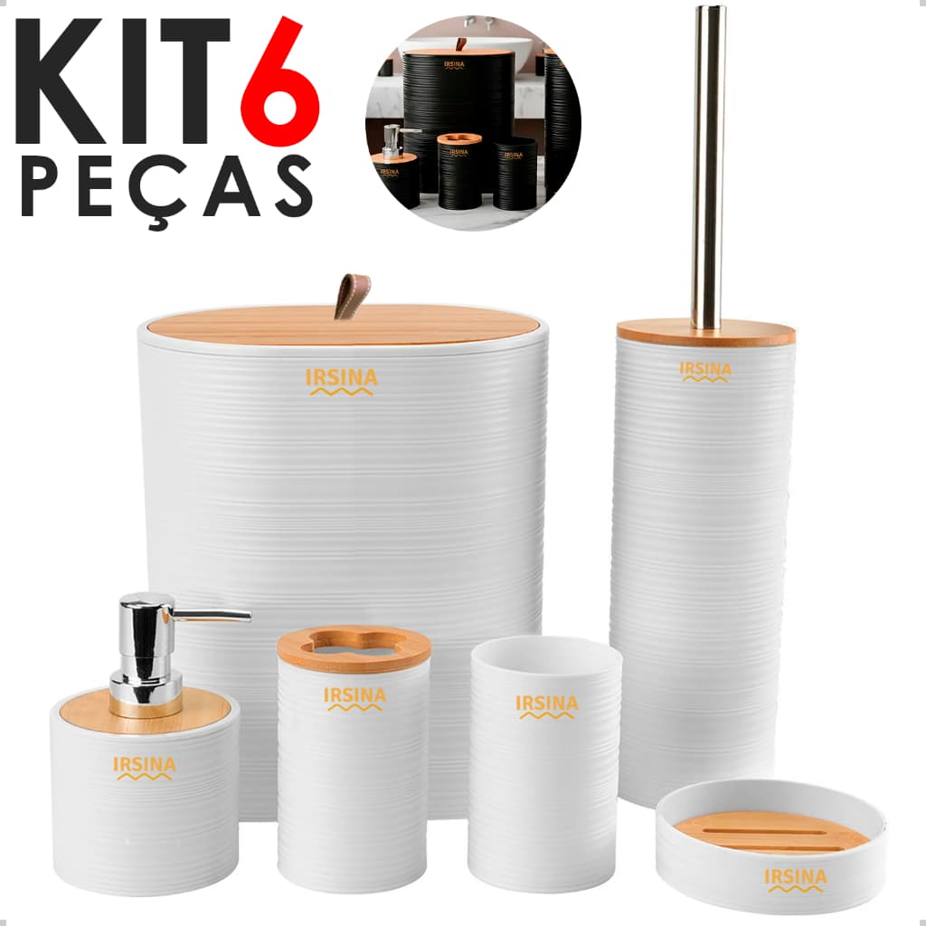KIT Acessórios de Banheiro Lavabo de Bambu Conjunto Completo Lixeira Saboneteira Escova
