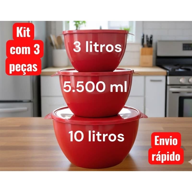 Kit Bowl de  Plástico hermético tigela com 3 Peças – 3000 ml, 5500 ml e 10000 ml Prático ,Empilhável, BPA‑Free.
