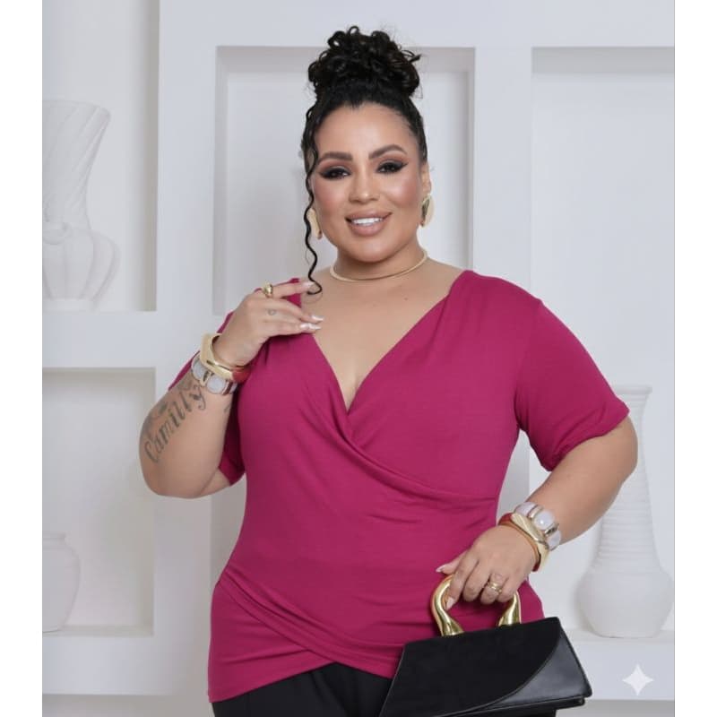 Blusa Feminina Plus Size Manga Curta Transpassada Viscolaycra