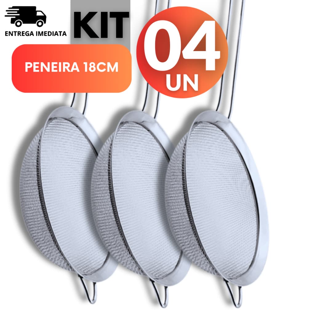 Jogo Kit 04 unidades Peneira Coador Manual Em Aço Inox Para Cozinha 18CM Premium Utilidades