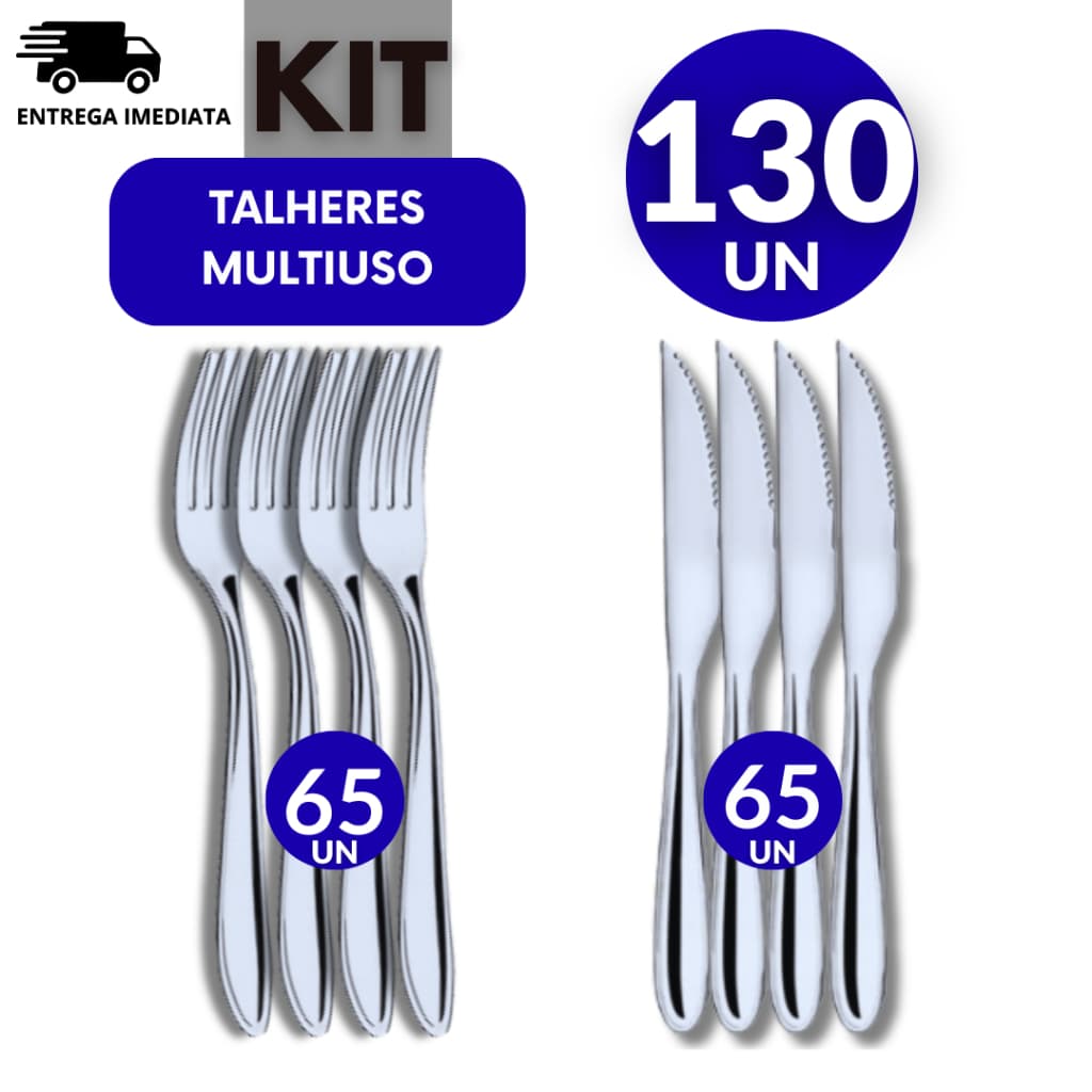Conjunto 130 - Talheres Inox 65 Faca 65 Garfo Casa Cozinha Restaurante Buffet Qualidade Resistência Utilidades