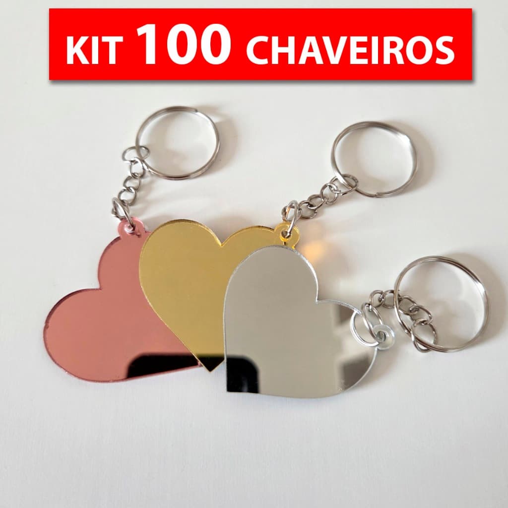 Kit 25/50/100 Chaveiros Coração em Acrílico Espelhado 2mm Prata, Rose Gold e Dourado