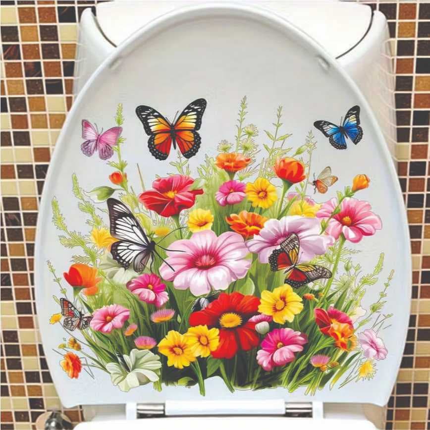 Adesivo para Tampa de Vaso Sanitário com Flores e Borboletas - Adesivo de PVC Fosco Reutilizável para Superfícies de Cer