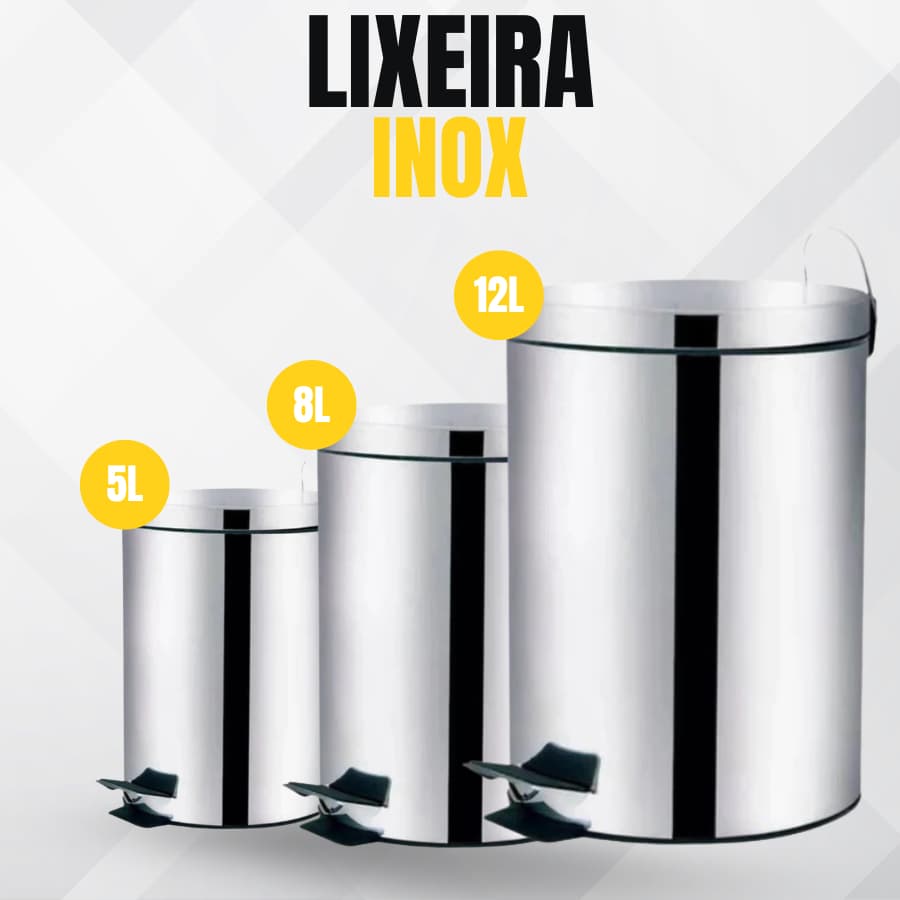 Lixeira Inox Aço 5 litros 8 litros 12 litros C/ Pedal Cesto Interno Removivel Banheiro Cozinha