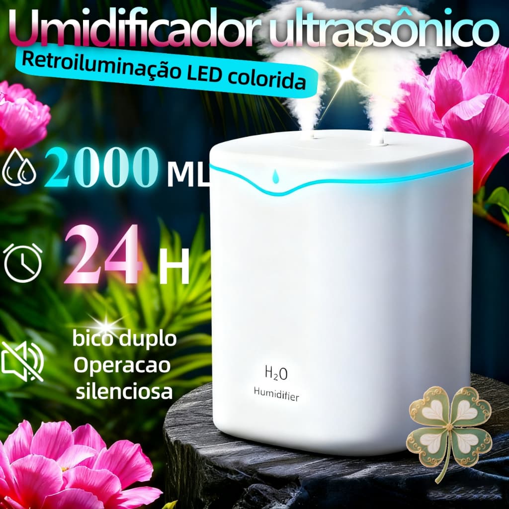 Umidificador De Ar Grande 2000ML 2Litros Saída Dupla Luzes LED's Coloridas Silencioso Aromatizador