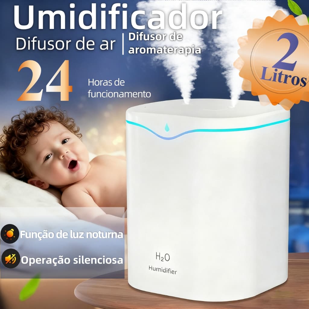 Umidificador De Ar Grande 2000ML Coloridas Saída Dupla Luzes LED's Silencioso Neblinas 2litros Aromatizador